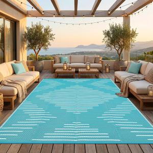 Garvee 10x14 Outdoor Rugs Waterproof Easy-Cleaning Light Blue White