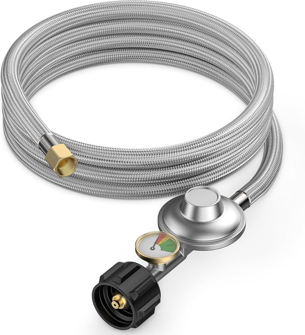 onlyfire 5 Feet Propane Regulator Hose with Propane Tank Gauge, Stainless Steel Braided, QCC1 Propane Adapter Hose Regulator for Burner Stove, Fire Pit, Gas Water Heater, LP Gas Grill (5Ft long propane hose)
