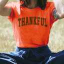 Thanksgiving Shirts for Women Thankful Letter Print Shirts Casual Pumpkin Color Fall Basic Tee (XL)