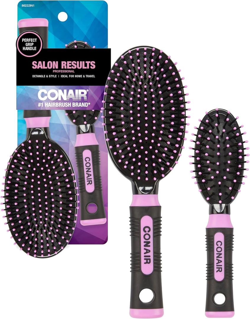 Conair Salon Results Cushion Hairbrush Set - Men & Women - Hairbrushes For All Hair Types - Detangling - Features Travel Size, Full-Size - Pink/Black