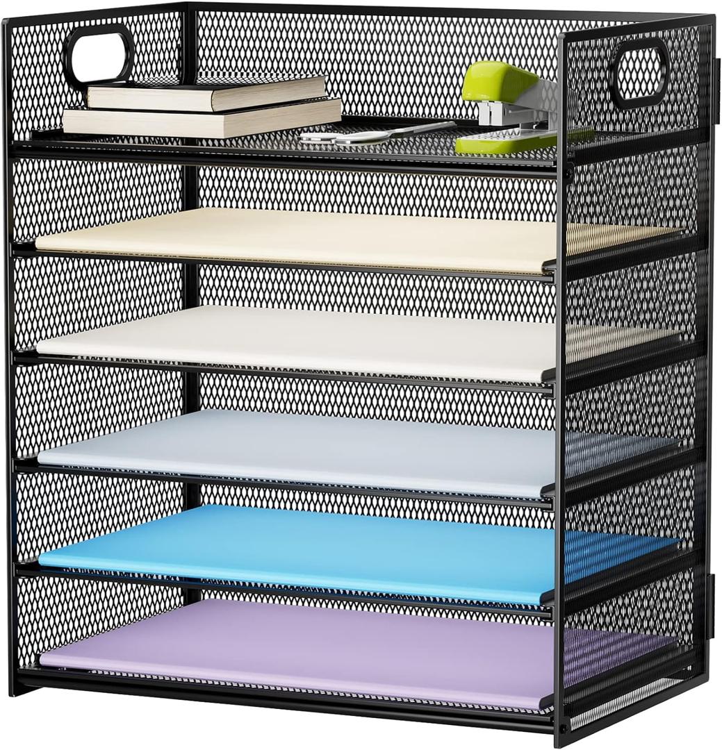 Marbrasse 6 Tier Paper Organizer Letter Tray - Mesh Desk File Organizer with Handle, Paper Sorter Organizer for Letter/A4 Office File Folder Holder - Black (6 Tier - Black)