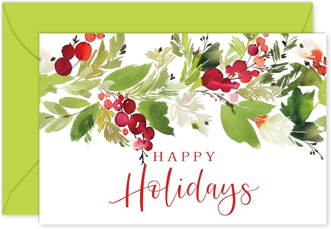 Whaline 100 Pack Christmas Cards Bulk Happy Holidays Greeting Cards Berries with Leaves Blank Note Cards with Envelope Sticker for Birthday Greetings