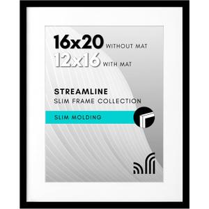 Americanflat 16x20 Picture Frame with Polished Plexiglass - Use as 12x16 Frame with Mat or Display 16x20 Photo Without Mat - Streamline Collection - Thin Border Picture Frames for Wall - Black