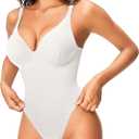Nebility Shapewear Bodysuits for Women Tummy Control Body Shaper Deep V Neck Thong Body Suits (Small, White)
