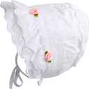 2 x Cap Baby Girls 100% Cotton Double Brimmed Eyelet Lace Bonnet with Flowers (0-3 Months, White)