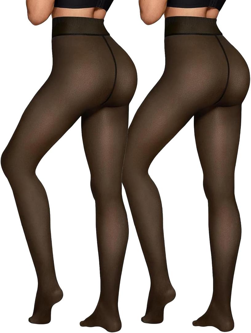 Fleece Lined Tights Sheer Women - Fake Translucent Warm Pantyhose Leggings Sheer Thick Tights for Winter (Large, Invisible One Line Crotch-black+black)
