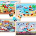 Wooden Educational Jigsaw Puzzles for Preschool Kids Ages 3-5, 4-Pack with 20 Pieces Transportation Wood Puzzles Set, Toddler Brain Teaser Toys, Preschool Gifts for Boys Girls Ages 3 4 5 6