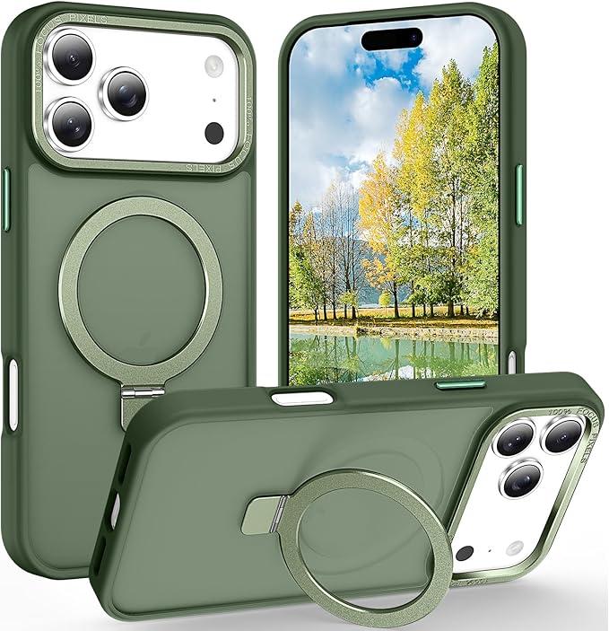 Magnetic for iPhone 17 Pro Case with Ring Stand, [10 FT Drop Protection] [Velvety Touch] Slim Translucent Matte Back Shockproof Phone Case for iPhone 17 Pro 6.3'', Midnight Green