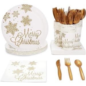Juvale 144 Piece Merry Christmas Party Plates, Napkins, Cups, Cutlery, Gold Snowflakes Design (Serves 24) - Christmas Paper Plates And Napkins