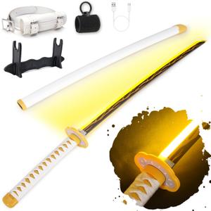RENGENG Light Up Sword, 40 Inches Rechargeable Plastic Anime Replica with Belt & Stand, Original Texture Anime Sword (Agatsuma Zenitsu)