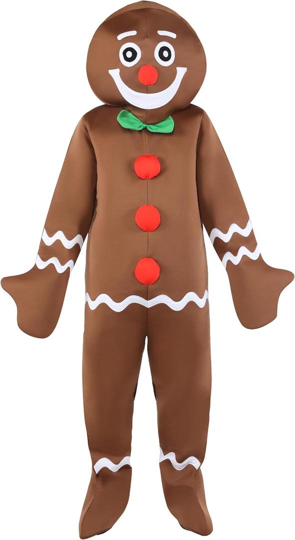 ADOMI 2 Pcs Christmas Gingerbread Man Costume Jumpsuit for Adults Mens Xmas Cookie Outfit Onesie Holiday Cosplay Party (3XL)