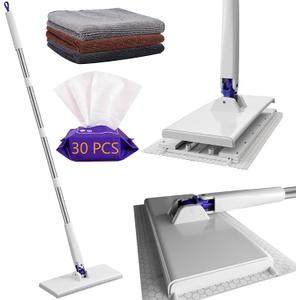 RIGONE Snap Grip Mop 49" Hands-Free Flat Mop, Zero Touch 35pc Kit w/ 30 Dry Wipes & 3 Matching Cloths (Random Color), Universal for Floor Wall Window Hardwood