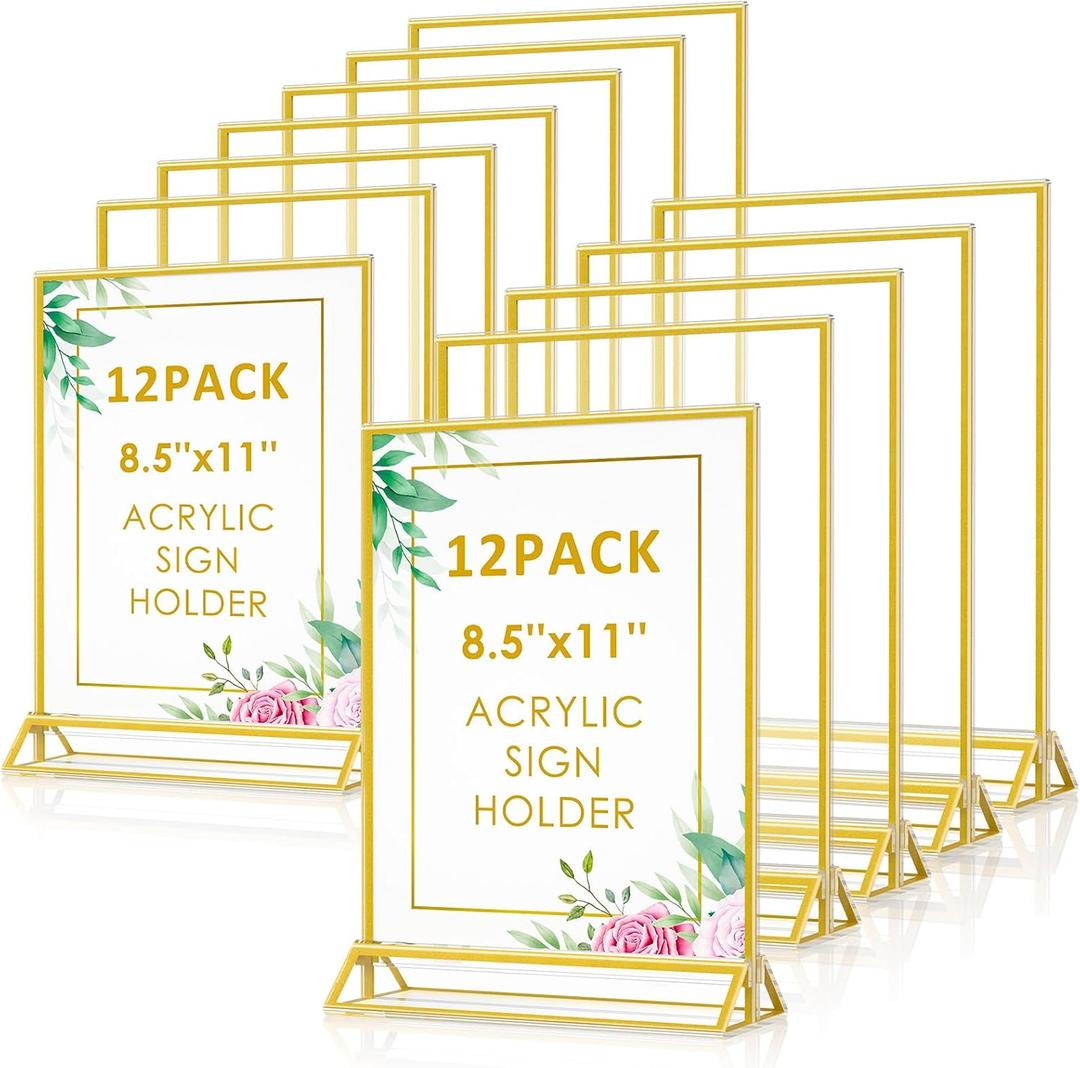 Enayplon Acrylic Sign Holder 8.5 x 11, 12 Pack Double Sided Flyer Holder, Table Menu Holder Display Stand for Wedding, Party, Gold Picture Frame Stand up Table Top Menu Holder