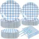 200 Pcs Blue Plaid Tableware Set Blue And White Checkered Birthday Party Supplies Disposable Plaid Paper Plates Napkins Dinnerware Set Girls Barbecue Picnic BBQ Birthday Decoration Serve 50 Guest