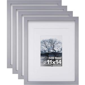 Egofine 11x14 Picture Frames, 4 Pack Display Pictures 5x7/8x10 with Mat or 11x14 Without Mat Made of Solid Wood Covered by Plexiglass for Table Top Display and Wall Mounting Photo Frame, Light Gray