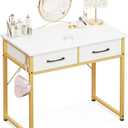 ODK Makeup Vanity Desk with 2 Fabirc Drawers, 32 Inch Small White Dressing Vanity Table with Versatile Hook for Bedroom Without Mirror, Desk Make Up for Girls, White and Gold (White + Gold Leg)