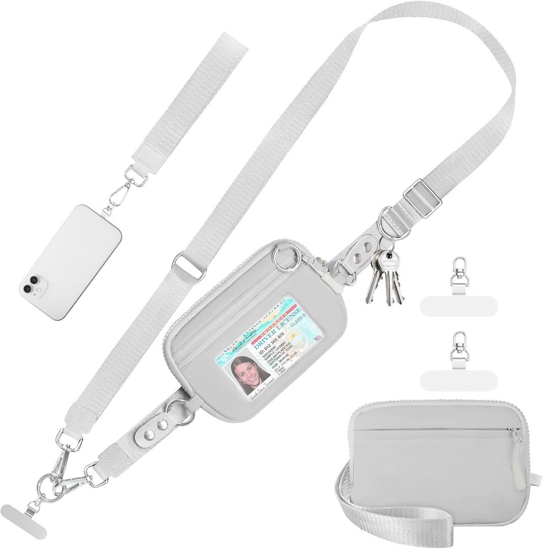 Tiostep Clip and Go Strap for Phone with Wallet Crossbody Phone Lanyard Adjustable and Detachable RFID Wristlet Wallet with ID Window and Zipper, Grey