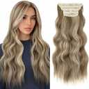 KooKaStyle Clip in Synthetic Hair Extensions Long Wavy 4PCS Thick Hairpieces Ash Blonde Balayage Fiber Double Weft Natural Hair Extensions 20 Inch for Women