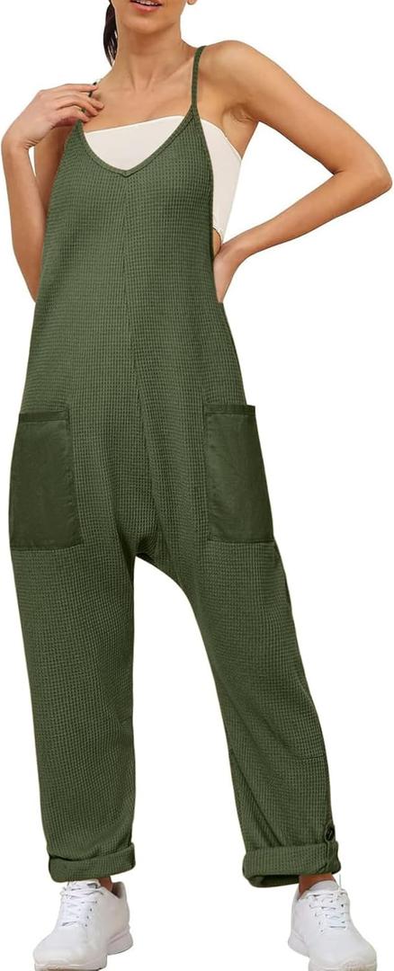 Glamaker Women's Casual Waffle Knit Jumpsuit Loose Spaghetti Strap Overalls Jumpsuits Baggy Sleeveless Maternity Romper (Green, S)