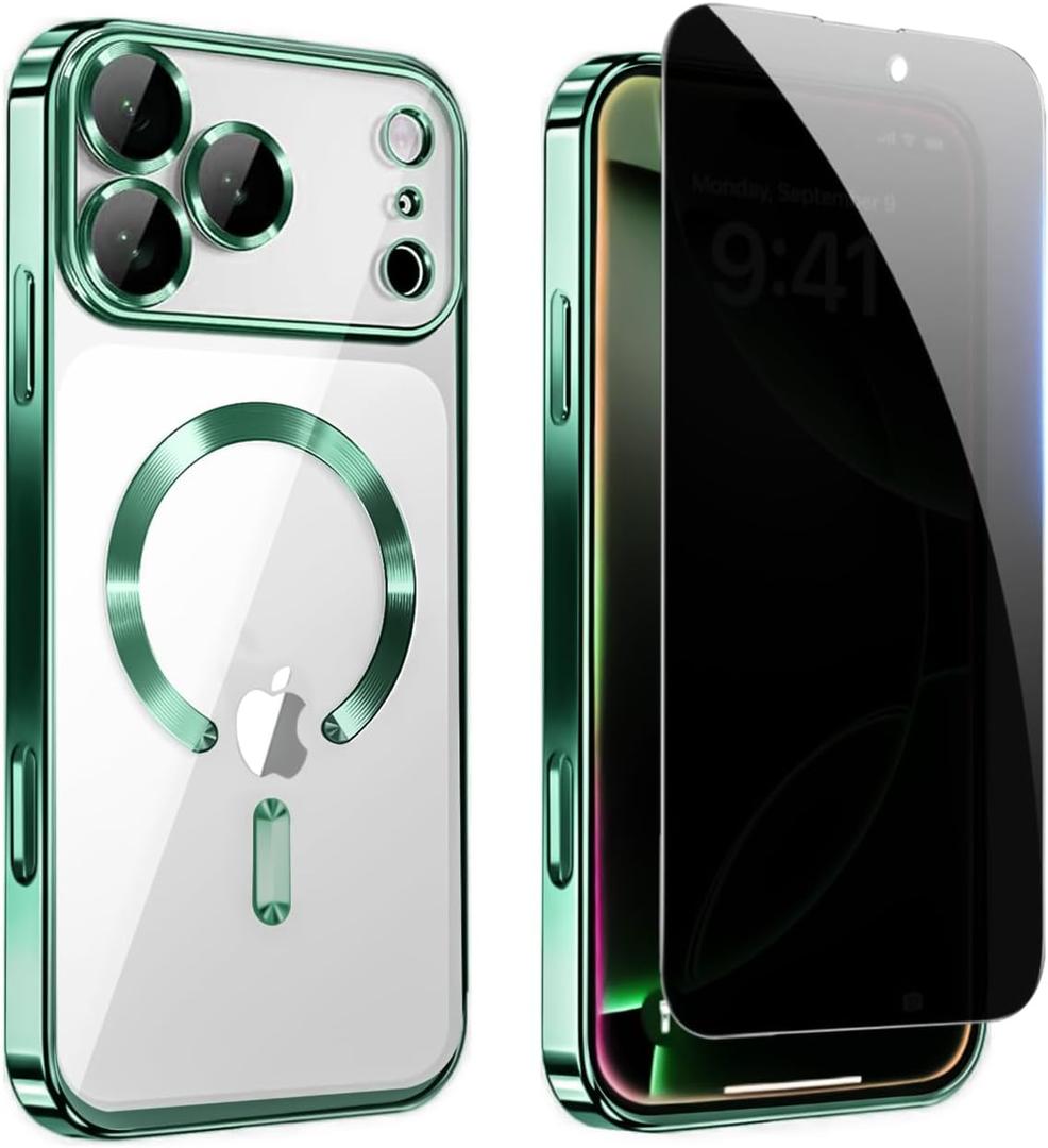 Privacy Case for iPhone 17 Pro,Magnetic iPhone 17Pro Phone Case Clear with Privacy Screen Protector & Camera Protector [Compatible with MagSafe], Shockproof Cover for iPhone Pro 17 Cases-Green