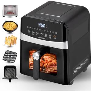 Ceramic Air Fryer Stainless Steel Shell Compact 6 QT for Small Family, DAYBEST Max 450F 12-in-1 Metal Airfryer Dual Heats 1700W with Window, Dishwasher Safe Accessories (Black)