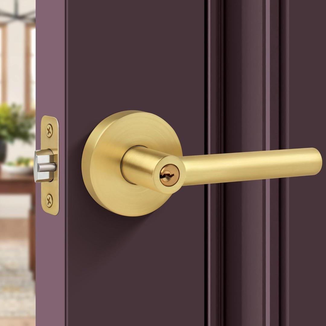 Entry Door Lock with Keys,Brushed Gold Door Handles, Heavy Duty Door Lever, Round Doors Handle for Exterior/Interior Doors, Reversible Door Lever for Bedroom or Office-Satin Brass Finish (1 Pack)