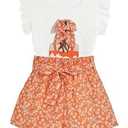 EuquixZeph Toddler Girls Clothes Cute Outfits For Girls Clothes Set Size 6-7 Sleeveless Print Bow T Shirts and Print Shorts Sets Waist Belted Orange Ditsy Floral For Spring Summer