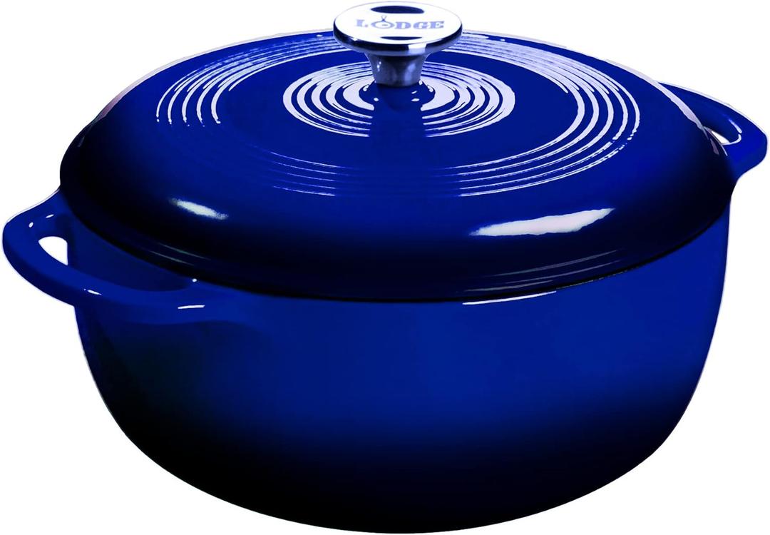 Lodge 7.5 Quart Enameled Cast Iron Dutch Oven with Lid  Dual Handles  Oven Safe up to 500 F or on Stovetop - Use to Marinate, Cook, Bake, Refrigerate and Serve  Indigo