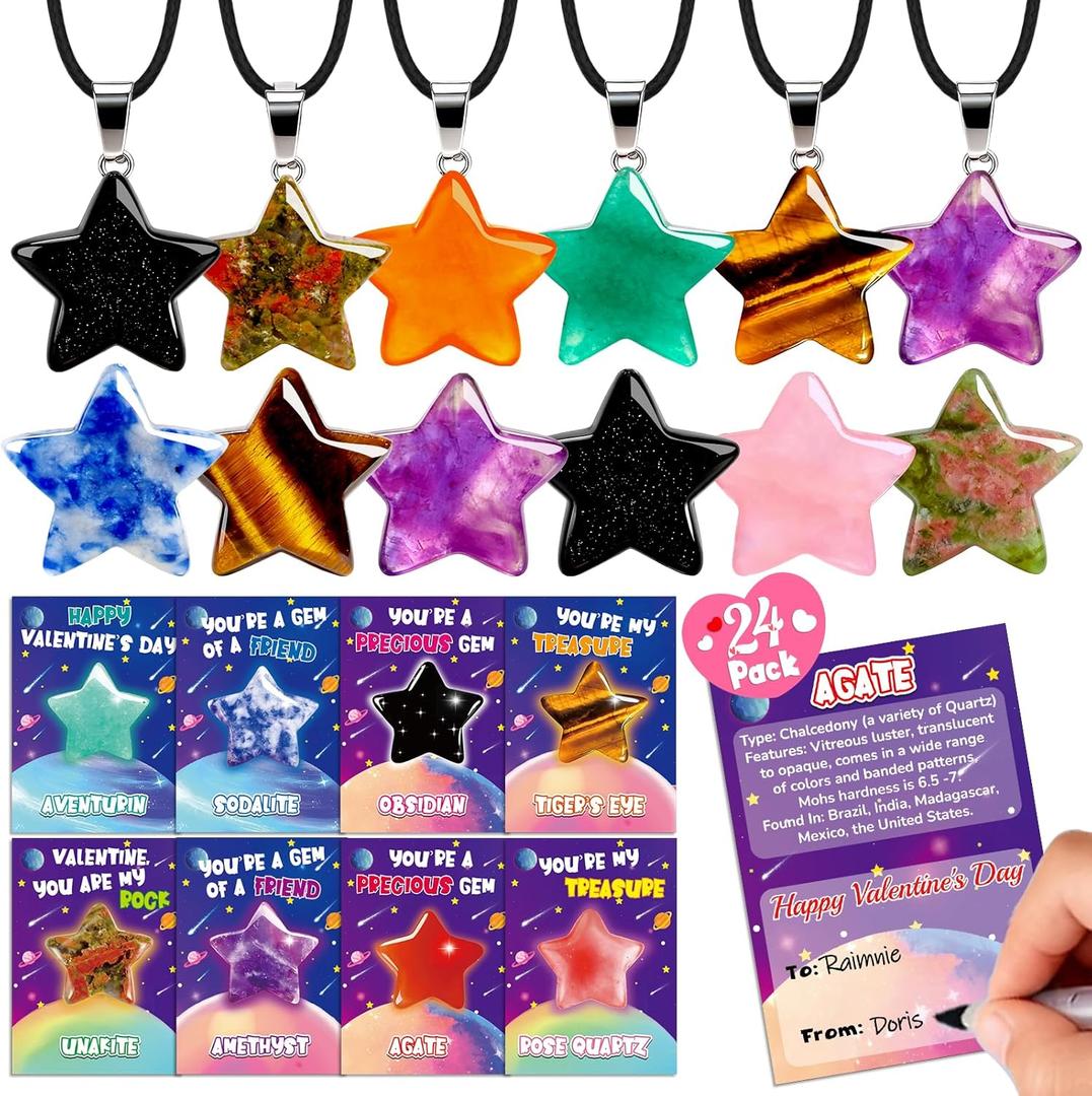 24 Pack Star Necklace Set Valentines Day Cards for Kids School, Valentine Cards for Kids Classroom for Boy Girl Party Favors natural stone necklace Crystal Gemstone Pendant Valentine Bulk Gifts