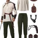 Renaissance Medieval Costume for Men - 8 Pcs Pirate Outfit Set, Halloween Costume with Viking Belt (M, White-green)