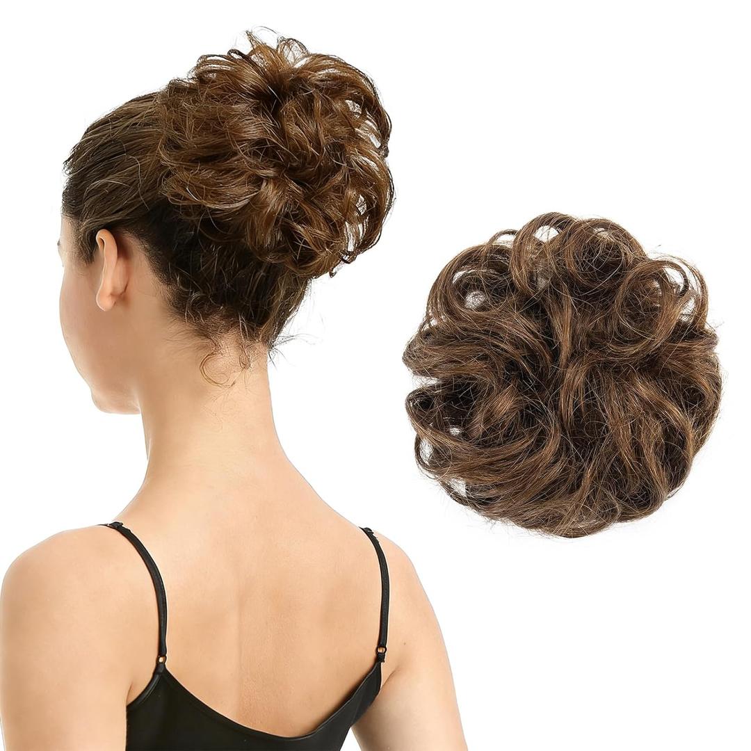 BARSDAR 100% Human Hair Bun Extension - Real Human Hair Brown Messy Bun Scrunchie for Women - Elastic Wavy Chestnut Brown Updo Extensions Soft Fluffy Natural Looking Chignons Hairpieces Daily