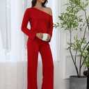 BWQ Sexy 2 Piece Outfits for Women Long Sleeve Wide Leg Pants Casual Lounge Matching Sets (Red, M)