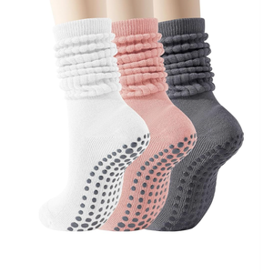 Pilates Socks with Grips for Women, 3 Pairs Long Scrunch Non Slip Yoga Barre Hospital Slouch Socks