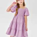 Batermoon Girls Boho Square Neck Puff Sleeve Off Shoulder Smocked Tiered Casual A Line Short Mini Dress Purple, Size 150