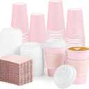 NatNarr 60 Pack Pink Coffee Cups with Lids Sleeves, 12oz Insulated To Go Paper Cups Pink Party Cups Disposable Paper Cups, Drinking Cups for Mother's Day Wedding Birthday Baby Shower Party Supplies