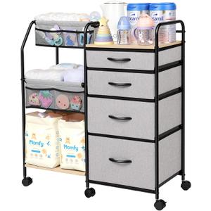 Fabuday Baby Diaper Caddy Organizer Cart - 4 Tier Rolling Diaper Cart with Wheels, Baby Essentials Organizers and Storage, Mobile Utility Carts for Bedside, Crib Nursury, Bedroom, Changing Table (Grey)