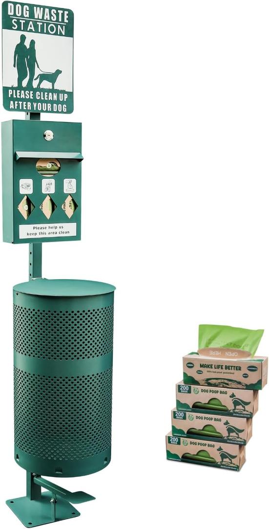 Hands-Free Dog Waste Station Outdoor with Pedal - Dog Waste Disposal System & Bag Dispenser for Park & Trails - Rust Proof Doggie Station - Night Glowing Sign | 800 Pet Waste Bags & 100 Can Liners (Green)
