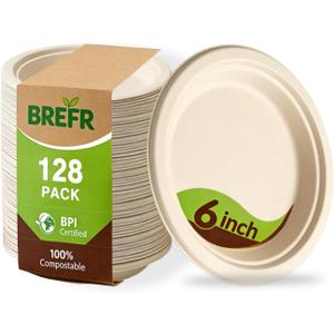 128 Pack 6 Inch Compostable Plates, Biodegradable Heavy Duty Dessert Plates Eco-Friendly Sugarcane Plates for Wedding, Catering, Events
