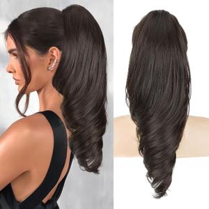 Lommel Ponytail Extension 18Inch Claw Clip Ponytail Extension Dark Brown Wavy Curly Claw Clip in Ponytail Hair Extensions, Natural Fake Ponytail Synthetic Hairpiece for Women