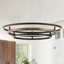 3 Ring LED Chandelier Walnut Wood Black Chandelier Light Fixture 31in Dimmable Modern Entry Chandeliers Wood-Printed Circular Light for Foyer Dining Room Bedroom Office Living Room