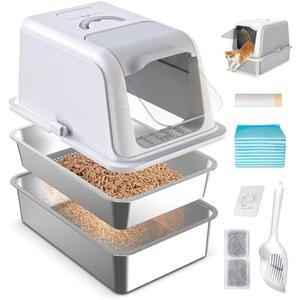 Stainless Steel Sifting Cat Litter Box with Lid, XL Fully Enclosed Multi-Purpose Metal Sifting Litter Box for Big Cats, Anti-Leakage, Easy Clean, Include Scoop, Liner, Pee Pad, Carbon Filter and Hook