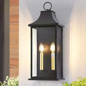 21In Large Dusk to Dawn Outdoor Wall Lights Fixture, 2-Light Black Gold Exterior Lighting Fixtures, Weather Resistant Patio Wall Light Fixture for Porch, Garage, Entrance, Backyard E12 Base