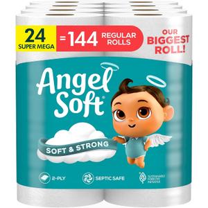 Angel Soft Toilet Paper, 24 Super Mega Rolls = 144 Regular Rolls, Soft and Strong Toilet Tissue, 480 Sheet