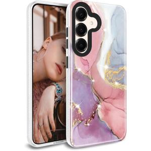 for Galaxy S25 Case Gold Sparkle Glitter Marble Slim Shockproof Cover Phone Case for Samsung Galaxy S25 5G 6.2 inch Pink Purple
