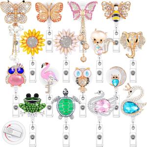 Teling 16 Pcs Nurse Retractable Name Badge Clip Sunflower Butterfly Rhinestone Badge Reels with Clip Spring Bling Nursing Card ID Name Tag Holder for Volunteer Nurse Doctors Teachers