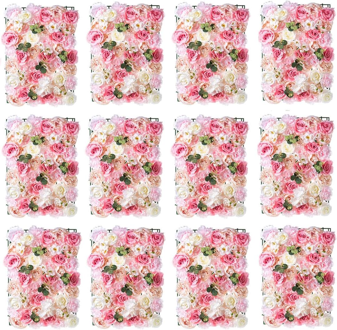 NUPTIO Flower Wall Panel for Backdrop: 12 Pcs 24 X 16 White & Pink Faux Roses Artificial Flower Backdrop for Wedding Party Bridal Baby Shower Decor