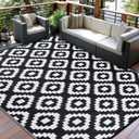 GarveeHome Outdoor Rug 10x14 Large Rug Plastic Straw Rug Waterproof Outdoor Patio Rugs Reversible Portable Camping Rugs Lightweight Floor Mat for RV Porch Balcony Patios Picnic Black/White Square