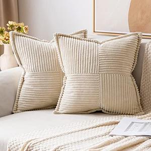MIULEE Corduroy Decorative Euro Sham Pillow Covers 24x24 Inch with Splicing Set of 2 Super Soft Boho Pillow Covers Broadside Throw Pillows for Couch Livingroom Beige
