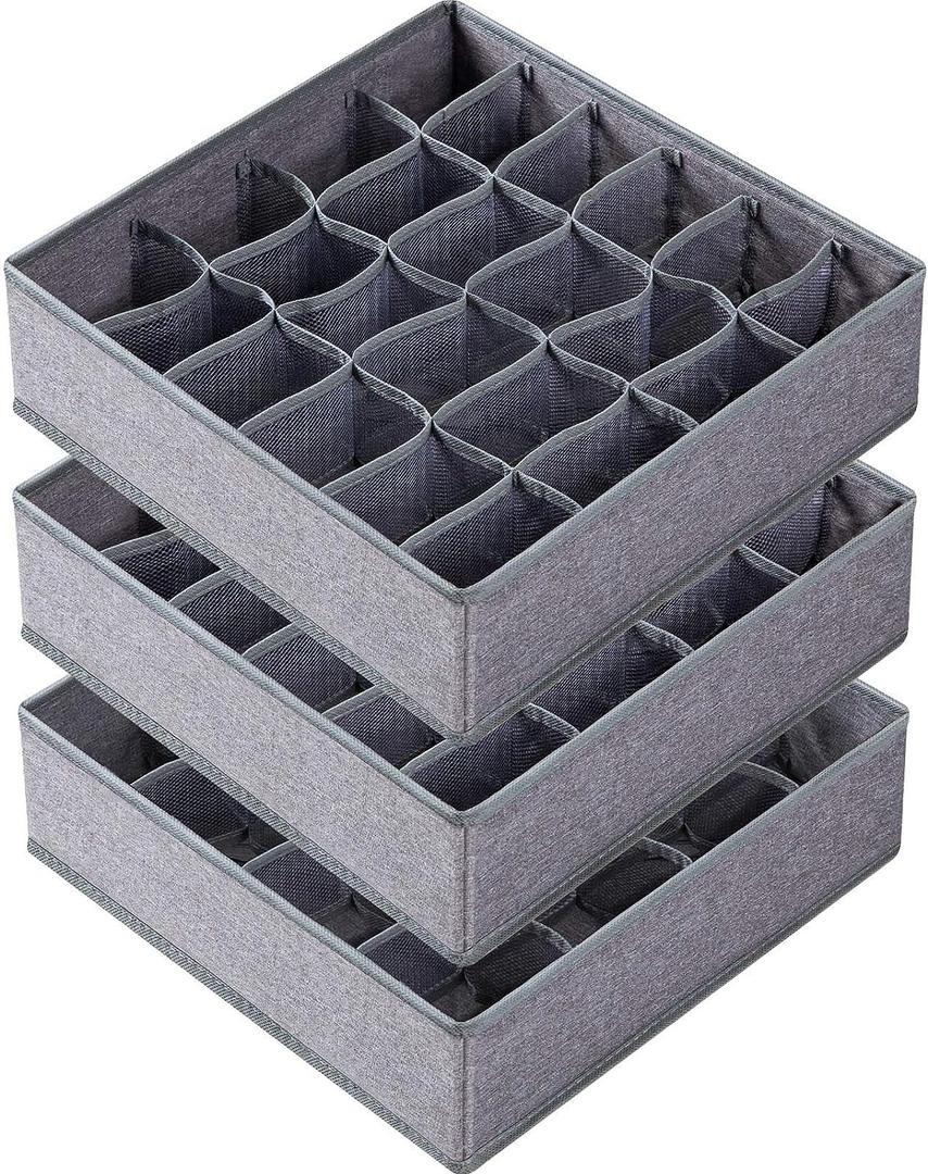 Criusia 3 Pack Sock Underwear Drawer Organizer Dividers, 64 Cell Fabric Foldable Dresser Organizer for Closet Organizers and Storage Boxes for Organizing Socks, Underwear, Ties (16+24+24 Cell, Gray) (Grey)