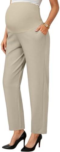 OUGES Womens Stretchy Maternity Over Belly Casual Work Straight Leg Pants Ankle Business Office Trousers with Pockets, Size M